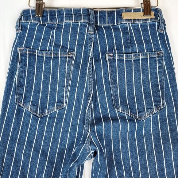 Cello Pinstripe Flare Jeans Women’s 7 Blue Denim Boho Y2K Raw Hem Stretch - Picture 4 of 11